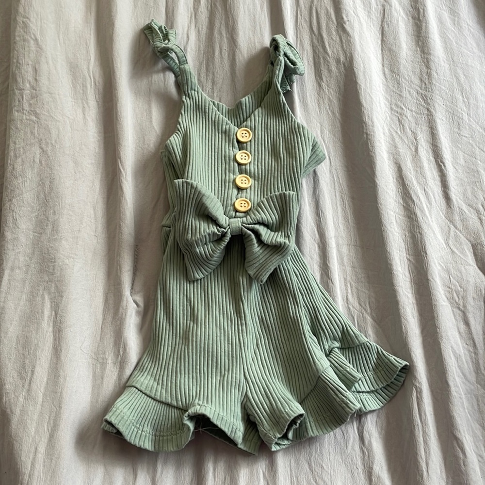 Ribbed button up romper with bow detail, sea foam green, size 12-18 months